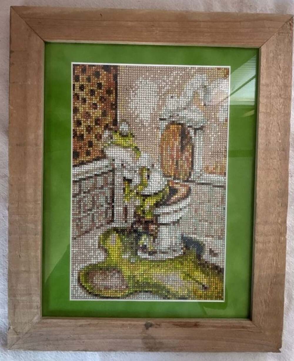Framed Diamond Painting of Frog on Toilet in Bathroom